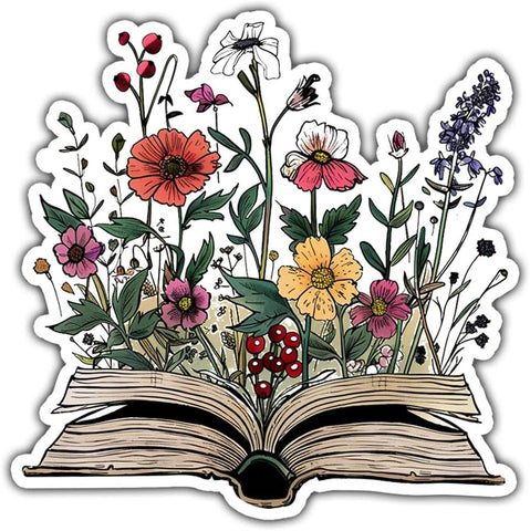 3 Pcs Flower Sticker Book, Books Car Decal Vinyl Stickers, Flower Car Sticker, Book Club Decorations - Stickers for Laptop Water Bottle Phone Car Window Helmet Vinyl Stickers 3 Inches