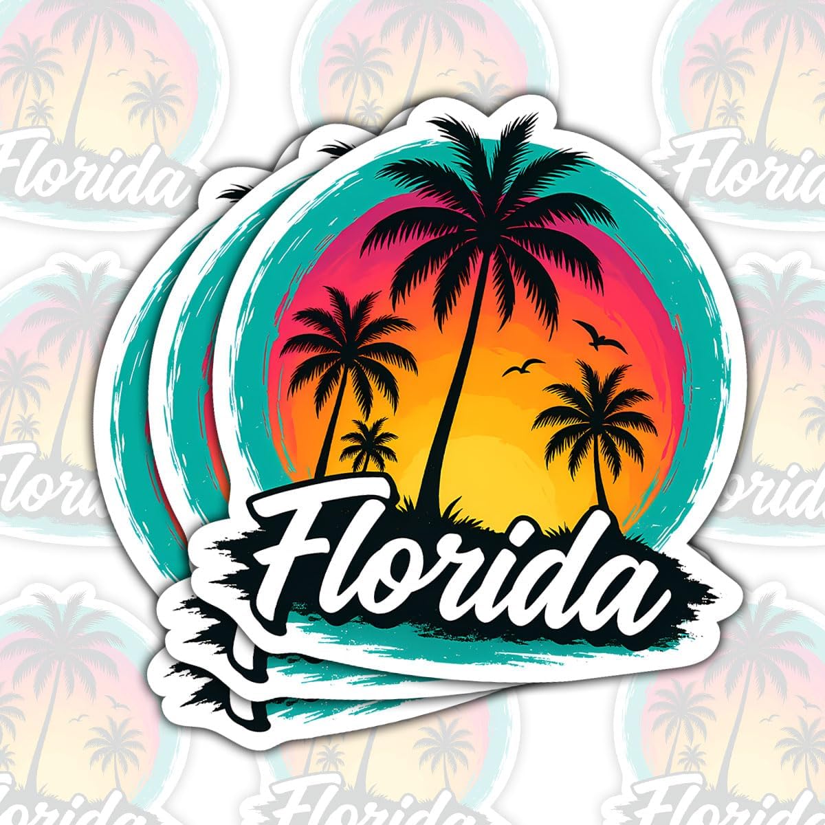 Florida Sunset Tropical Palm Tree Beach 3" sticker, Vinyl Decal Waterproof for Laptop, Water Bottle, Car, Journal, Travel Scrapbook – Retro Florida Vacation Sticker for Beach Lovers