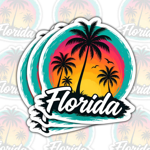 Florida Sunset Tropical Palm Tree Beach 3" sticker, Vinyl Decal Waterproof for Laptop, Water Bottle, Car, Journal, Travel Scrapbook – Retro Florida Vacation Sticker for Beach Lovers