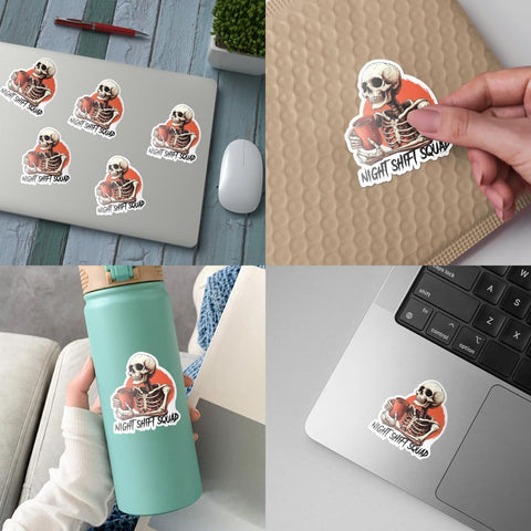 Night Shift Squad Sticker, Skeleton RN Nurse Coffee Stickers, 3 inches Waterproof Vinyl Sticker for Book Laptop Water Bottle Phone Case