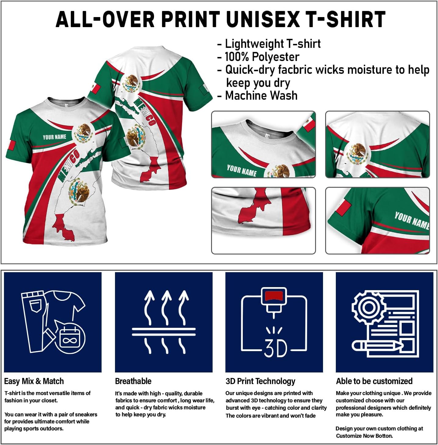 Mostefy Personalized Name Mexican Shirts 3D Customized Mexico Shirt US Flag, Mexican Shirts for Women Unisex