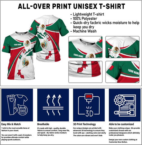 Mostefy Personalized Name Mexican Shirts 3D Customized Mexico Shirt US Flag, Mexican Shirts for Women Unisex