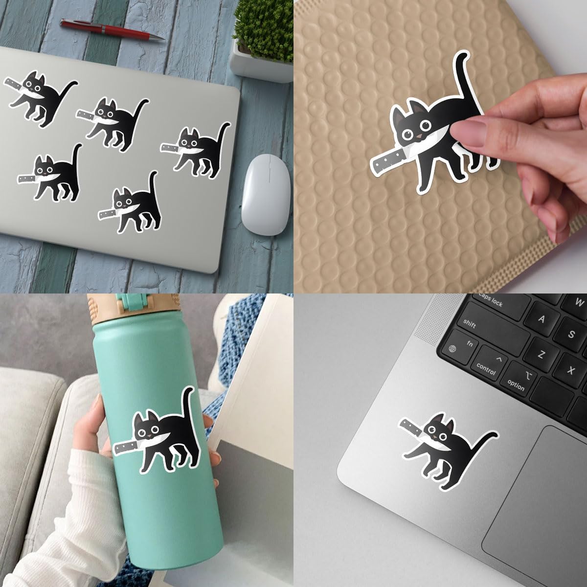 (3 Pcs) Halloween Black Cat Stickers with Knife, Cat Car Stickers and Decals, Catnap Stickers - Stickers for Laptop Water Bottle Phone Car Window Helmet Vinyl Stickers 3 Inches (Cat & Knife 2)