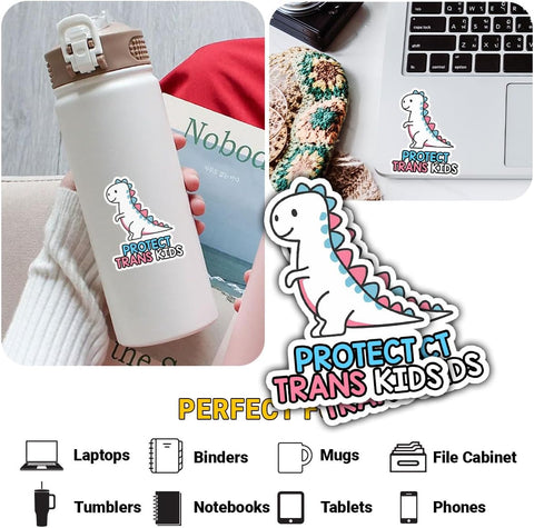 3PCS Protect Trans Kids Dinosaur 3" Sticker, Trans Pride Stickers, Equality Bumper Sticker, Gay Pride Magnets for Cars, Gift for LGBTQ+ Vinyl Stickers 3x3 for Water Bottle, Laptop, Phone, Car