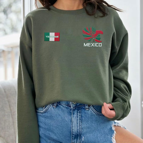 Mostprints Personalized Name Embroidered Mexico Sweatshirts, Customized Name Shirts Mexican US Flag, Mexico Hoodies Shirt