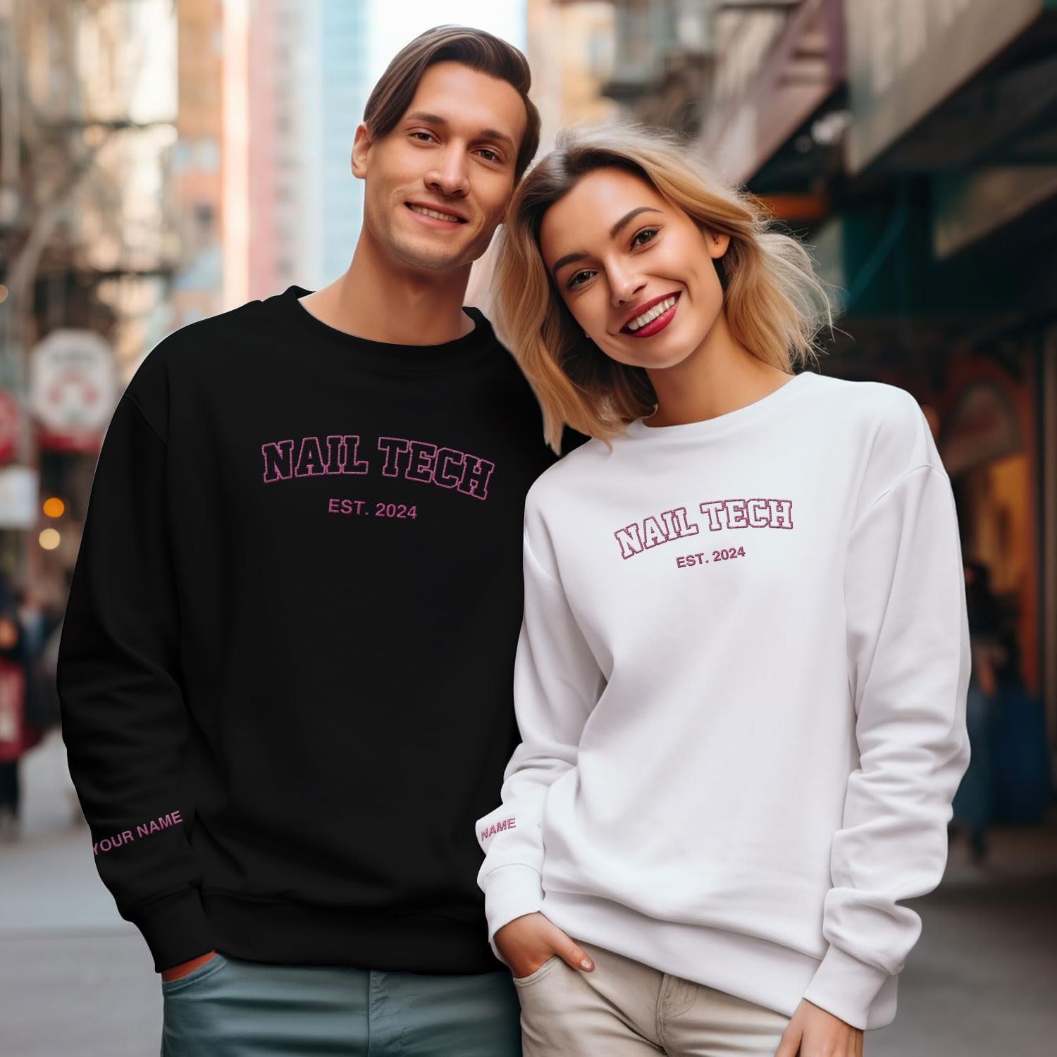 Personalized Embroidered Nail Tech Sweatshirt, Flower Nail Boss Technician Sweatshirt, Nail Stylist Nail Artist Gifts (Cotton, Nail 1)