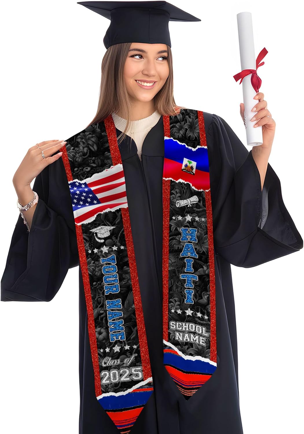 Pretyprints Haitians Graduation Sash, Haiti Graduation Stole Custom, Personalized Haitians American Flag Graduation Sash 2025