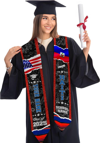 Pretyprints Haitians Graduation Sash, Haiti Graduation Stole Custom, Personalized Haitians American Flag Graduation Sash 2025
