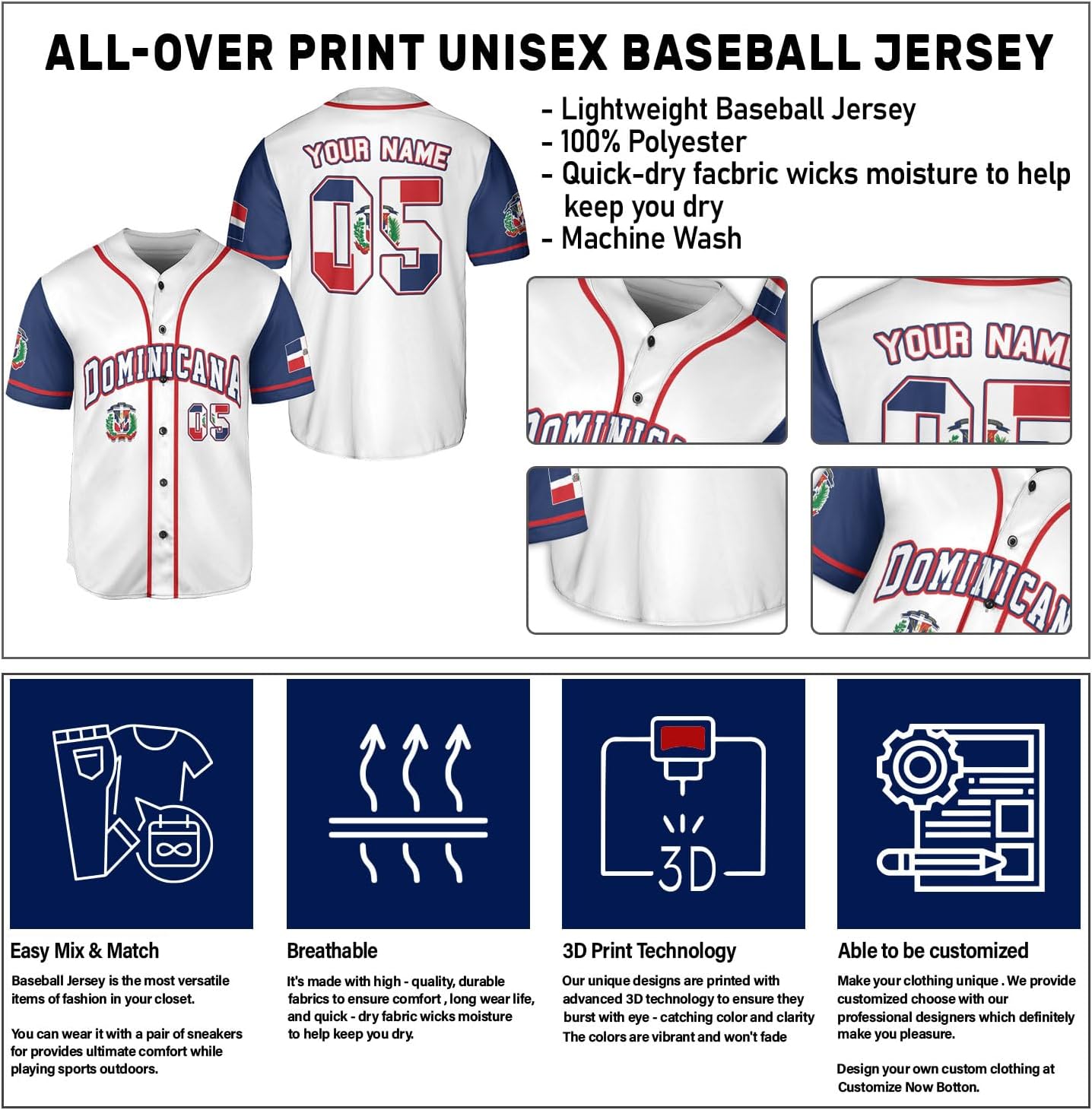 Custom Dominican Jersey for Men Dominican Baseball Jersey Dominican Baseball Jersey Dominicana Shirt Dominican Flag Jersey