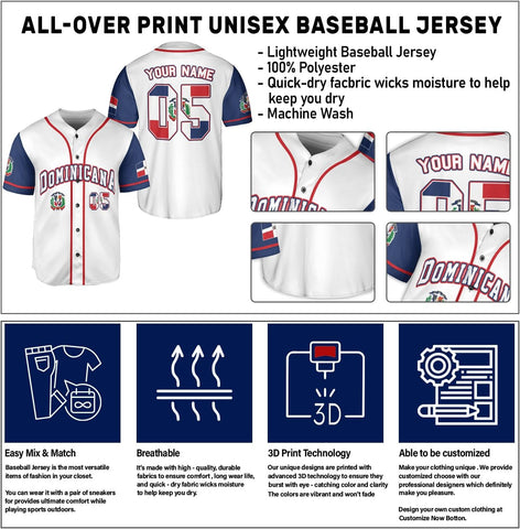 Custom Dominican Jersey for Men Dominican Baseball Jersey Dominican Baseball Jersey Dominicana Shirt Dominican Flag Jersey