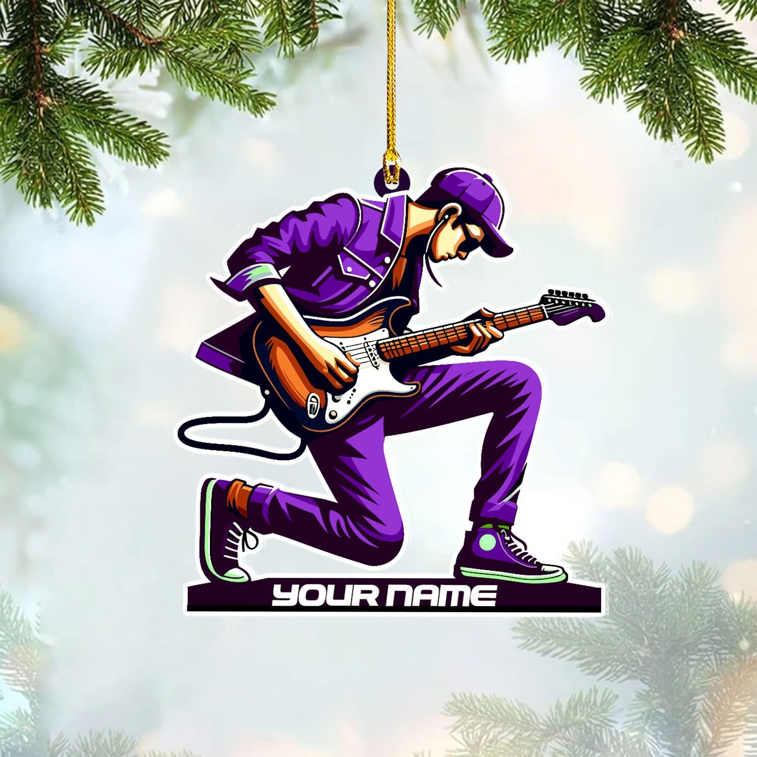 Personalized Acoustic Guitar Ornament - Guitar Christmas Plastic Wooden Ornament, Musical Instrument for Band, Red Electric Guitar Instrument, Custom Name Gift for Guitarist, Songs Music Notes (GT10)