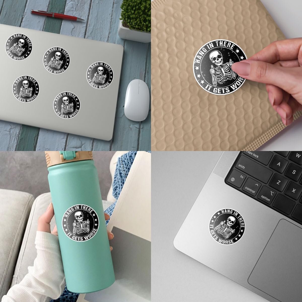 3 Pcs Hang in There It Gets Worse Sticker, Skeleton Funny Sarcastic Decal, Mental Health Stickers, Rainbow Sticker Water Assistant for Book Notebook Water Bottle Tumbler Phone Case Laptop 3"x3"
