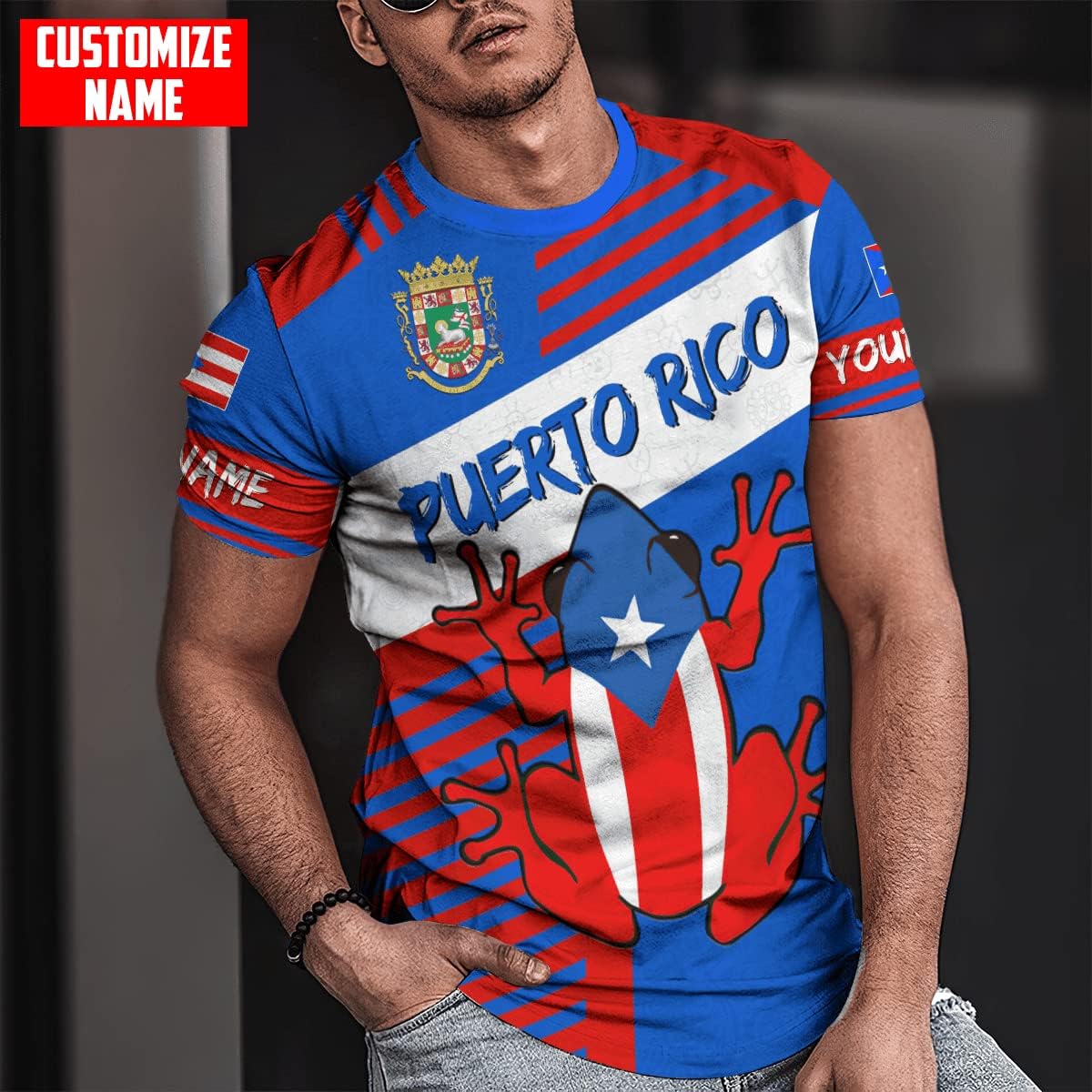 AOVL Personalized Puerto Rico Flag 3D Shirt - Unisex Adults - Red - Short Sleeve - Crew Neck - Modern - Polyester Blend - Fade Resistant - Size L