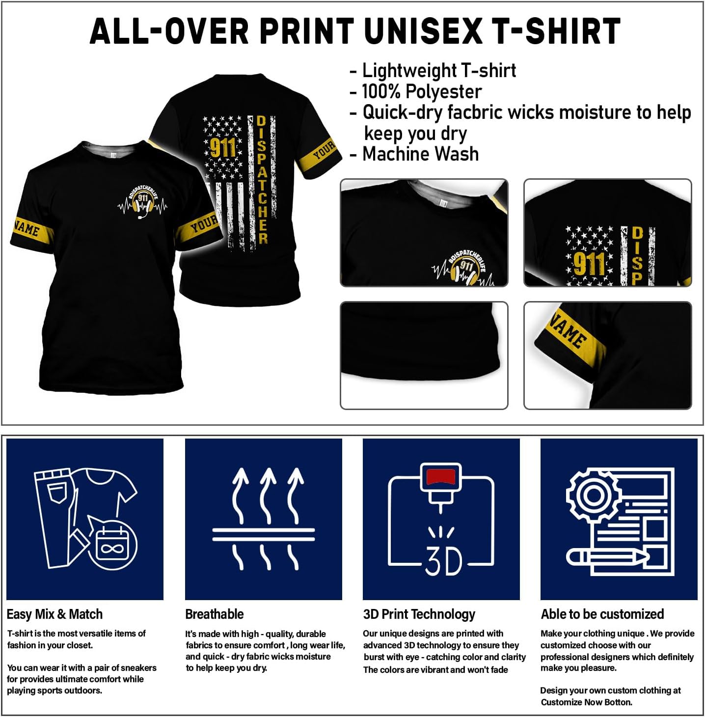 Leeprints Personalized 911 Dispatcher 3D Hoodie, Custom Sweatshirt, Thin Gold Line Flag 3D Zip Shirt