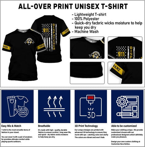 Leeprints Personalized 911 Dispatcher 3D Hoodie, Custom Sweatshirt, Thin Gold Line Flag 3D Zip Shirt