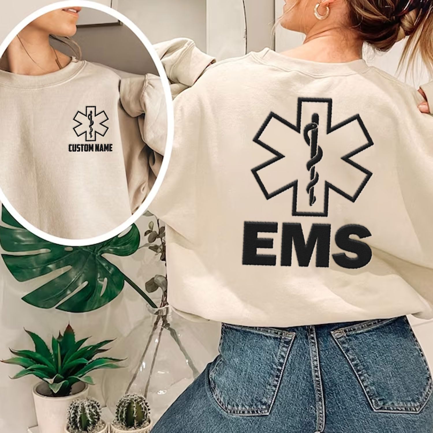 Personalized EMT EMS Paramedic Thin White Line Embroidered Sweatshirt, EMT Student, EMT Future, Medical Worker (Cotton, SS137), Small-5X-Large