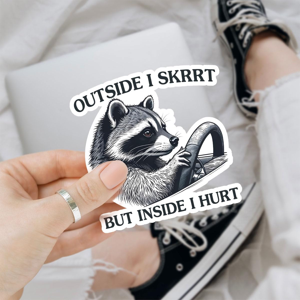 (3 Pcs) Outside I Skrrt But Inside I Hurt Raccoon Driving, Funny Raccoon Gifts Waterproof Vinyl Sticker Decal - Stickers for Laptop Water Bottle Phone Car Window Helmet Vinyl Stickers 3 Inches