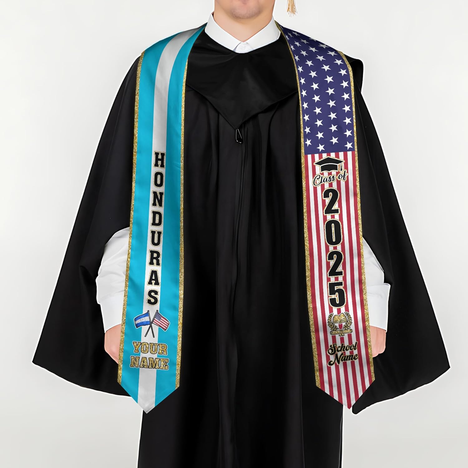 Pretyprints Honduran Graduation Sash, Custom Honduran American Flag Graduation Sash 2025, Honduras Graduation Stole