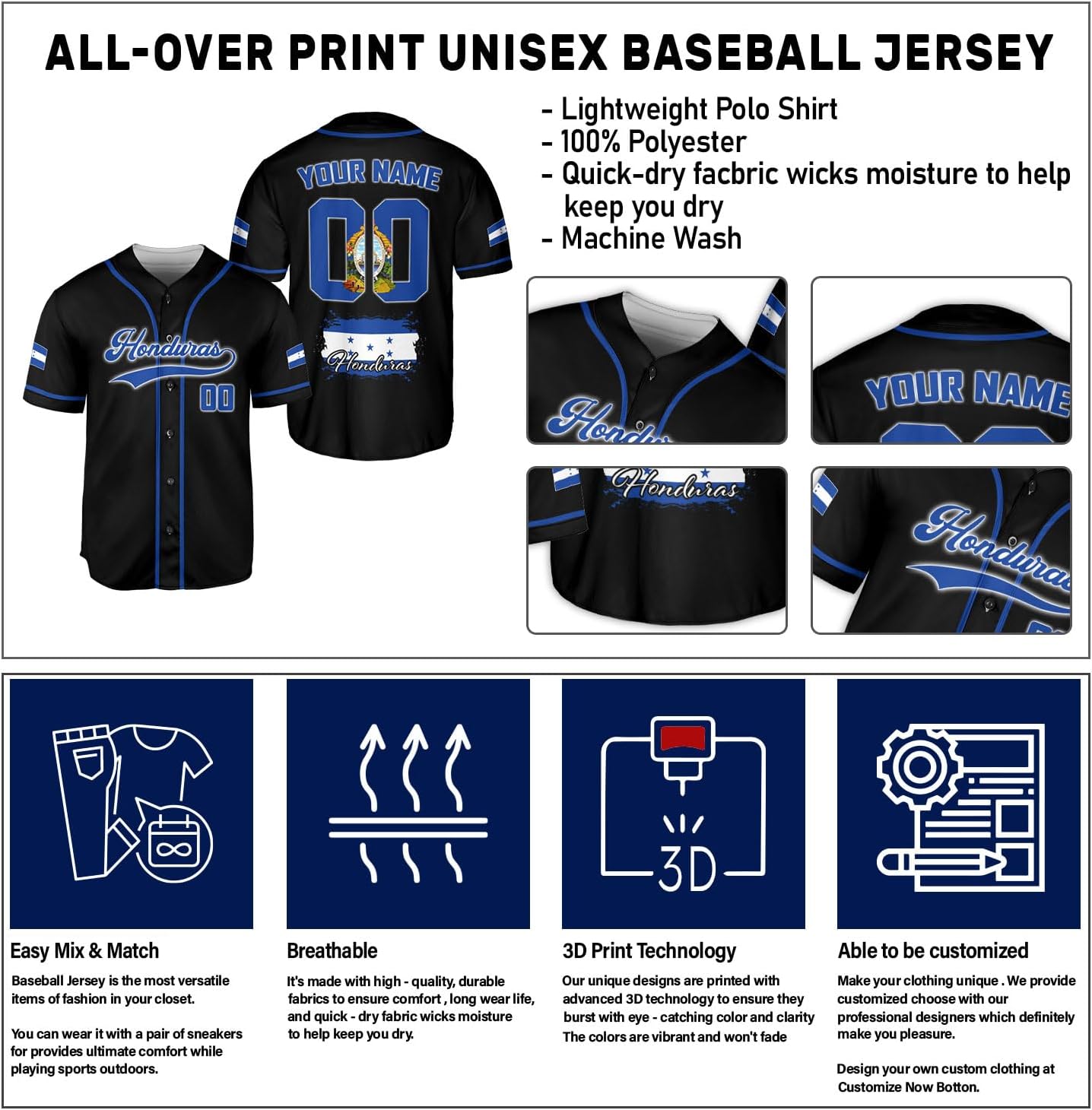 AOVL Personalized Honduras Baseball Jersey Shirt, Honduras Jersey for Men and Women, Jersey Honduras, Camisa Honduras Hombre