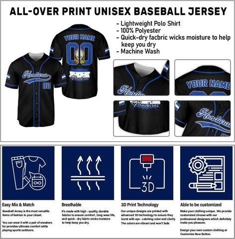 AOVL Personalized Honduras Baseball Jersey Shirt, Honduras Jersey for Men and Women, Jersey Honduras, Camisa Honduras Hombre