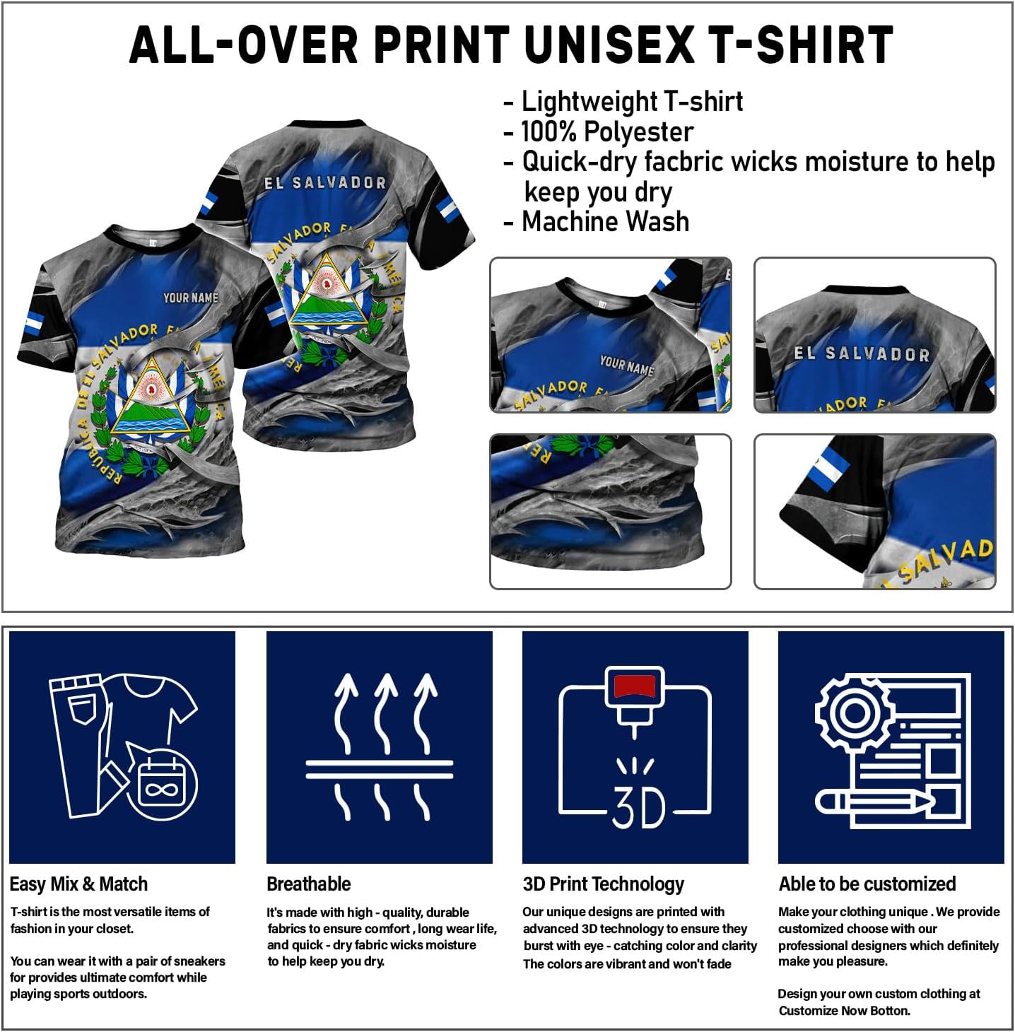 Ligthuy Personalized Name El Salvador Shirt 3D, El Salvador Flag Shirt for Men Women, Unisex T-Shirts S-5XL