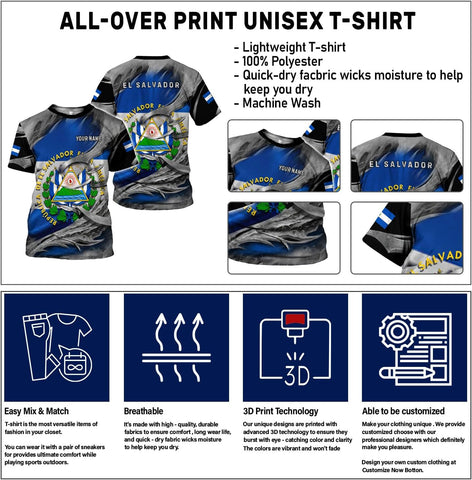 Ligthuy Personalized Name El Salvador Shirt 3D, El Salvador Flag Shirt for Men Women, Unisex T-Shirts S-5XL