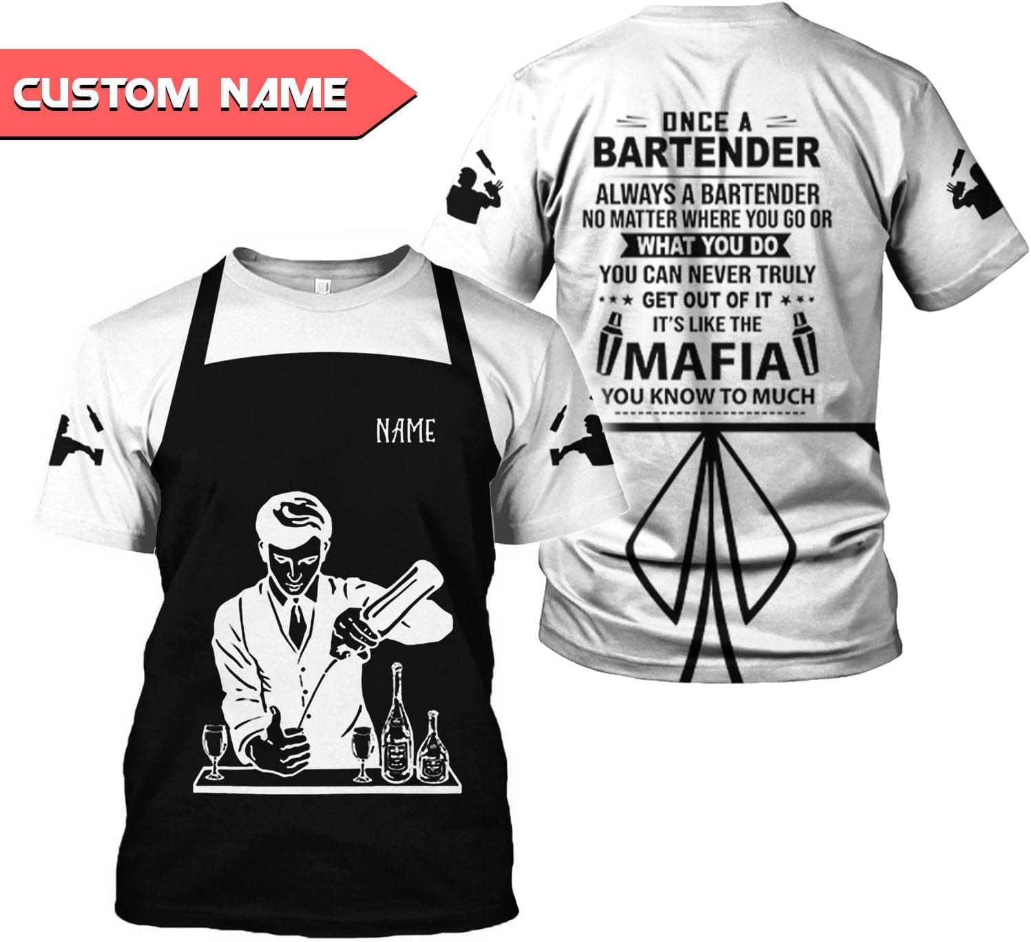 Personalized Bartender Shirt Custom Bartender Shirts Bartending 3D T Shirts Bartender Cocktail Wine Tshirt for Men and Women