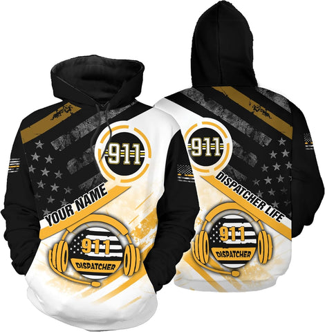 Leeprints Personalized 911 Dispatcher 3D Hoodie, Custom Sweatshirt, Thin Gold Line Flag 3D Zip Shirt