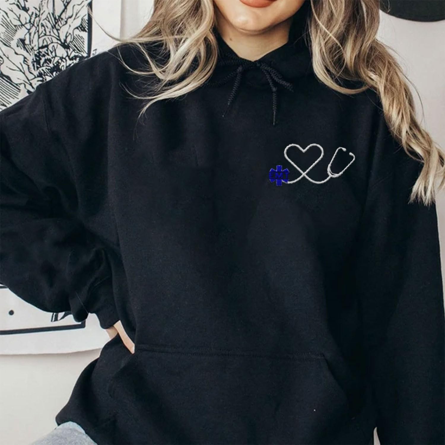 Suseaz EMT Personalized Embroidered Sweatshirt Emergency Medical Technician 911 Hoodie EMS Heart Thin White Line