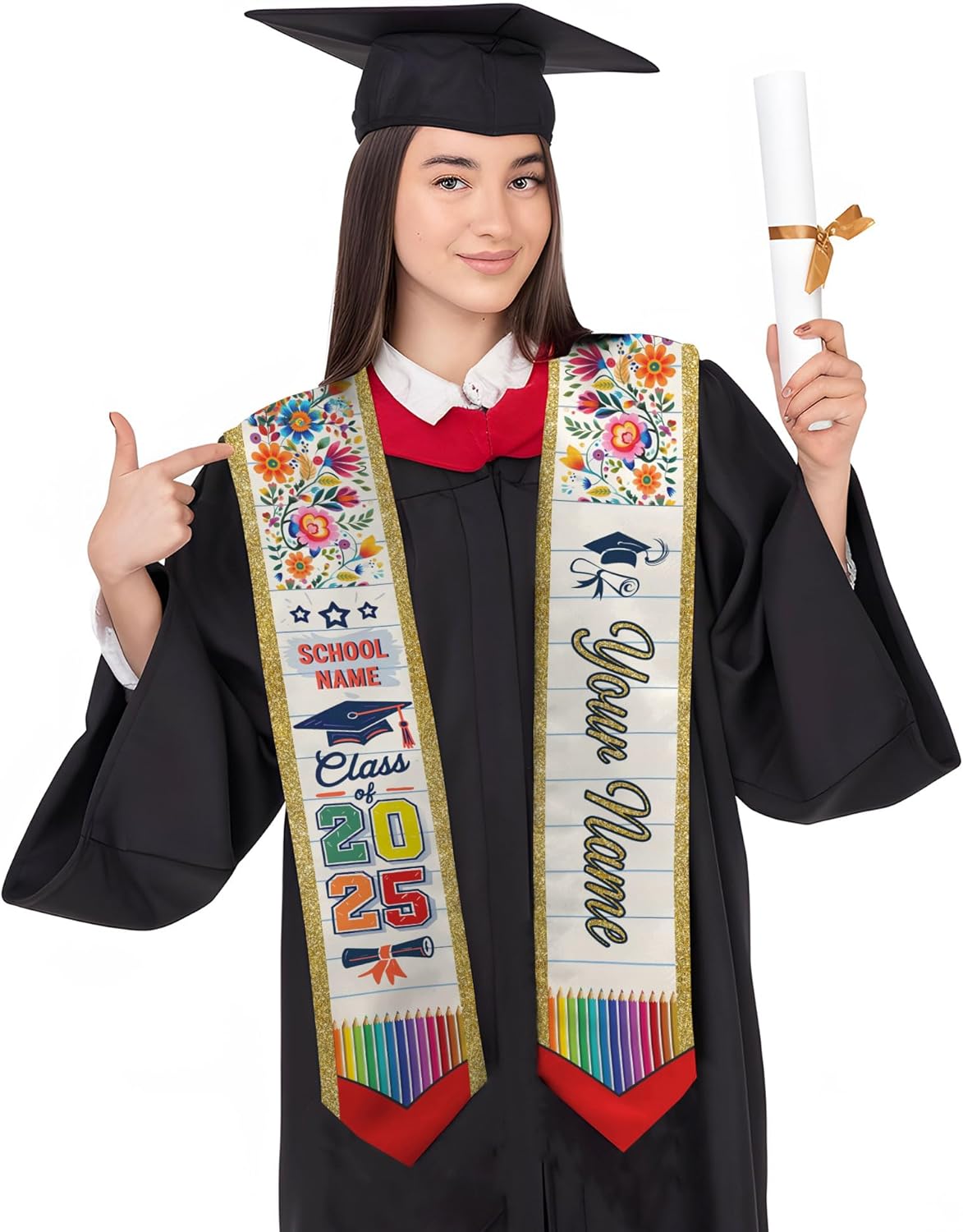 Pretyprints Personalized Class Of 2025 Teacher Graduation Stole Custom Teacher Pencil Graduation Sash Gift College Graduation