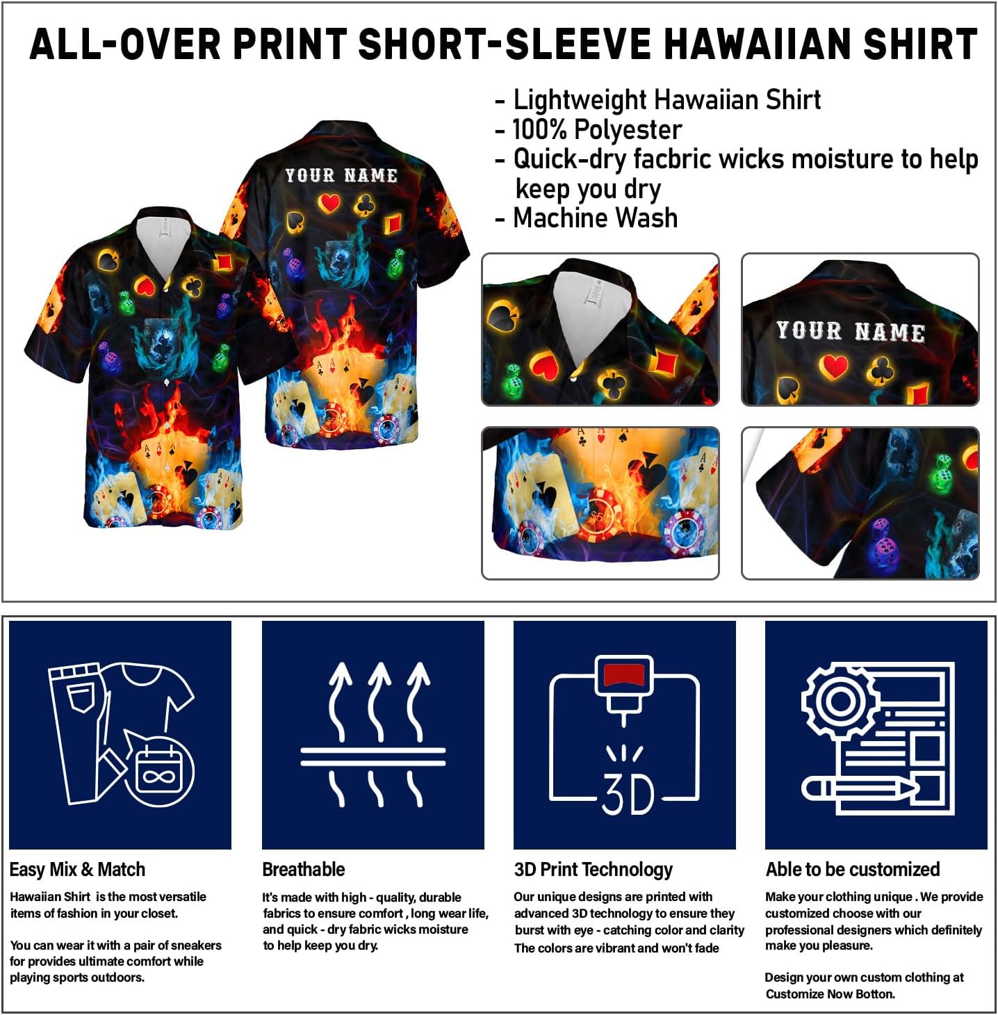 Custom Poker Hawai Shirts for Men Poker Hawaiian Shirt Gambling Casino Fire Short Sleeve Button Down Shirt Summer Beach Shirt