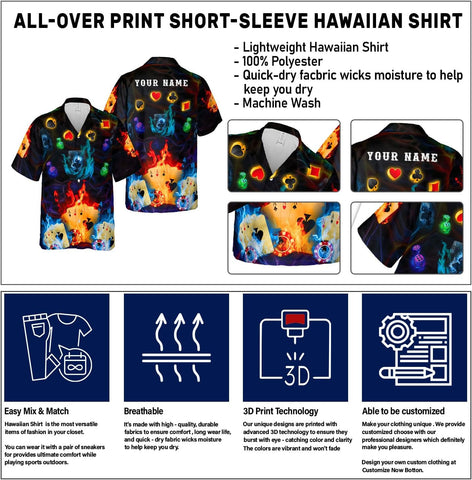 Custom Poker Hawai Shirts for Men Poker Hawaiian Shirt Gambling Casino Fire Short Sleeve Button Down Shirt Summer Beach Shirt