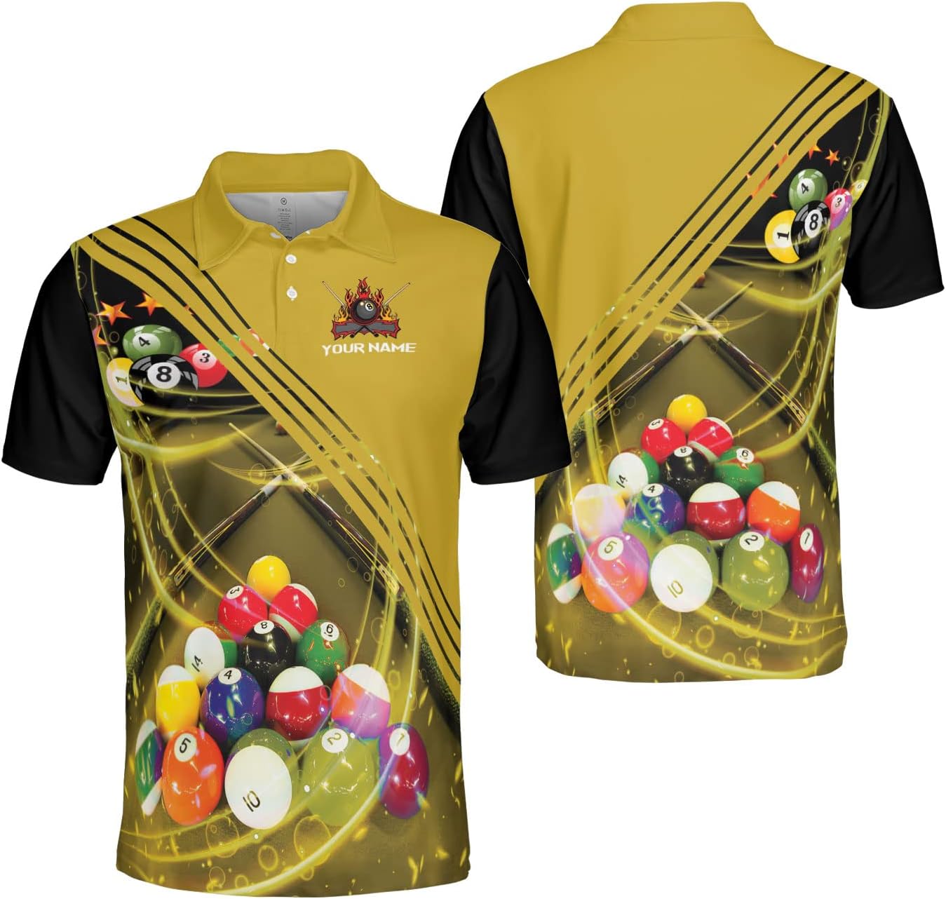 AOVL Personalized Name Billiard Polo Shirt Billiard Shirts Custom Billiard Flag Polo Shirt Men's Pool Billiard Gifts for Dad