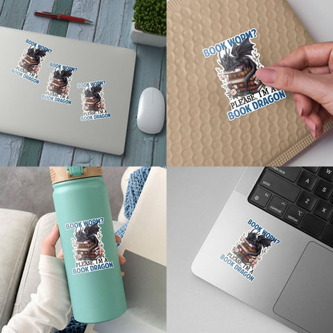 (3PCs) Bookworm Please I Am A Book Dragon Sticker, Fantasy Book Stickers for Kindle Adult, Bookworm Stickers, Dragon Sticker, Book Worm Gifts - Stickers for Laptop Water Bottle Phone Car Helmet 3"