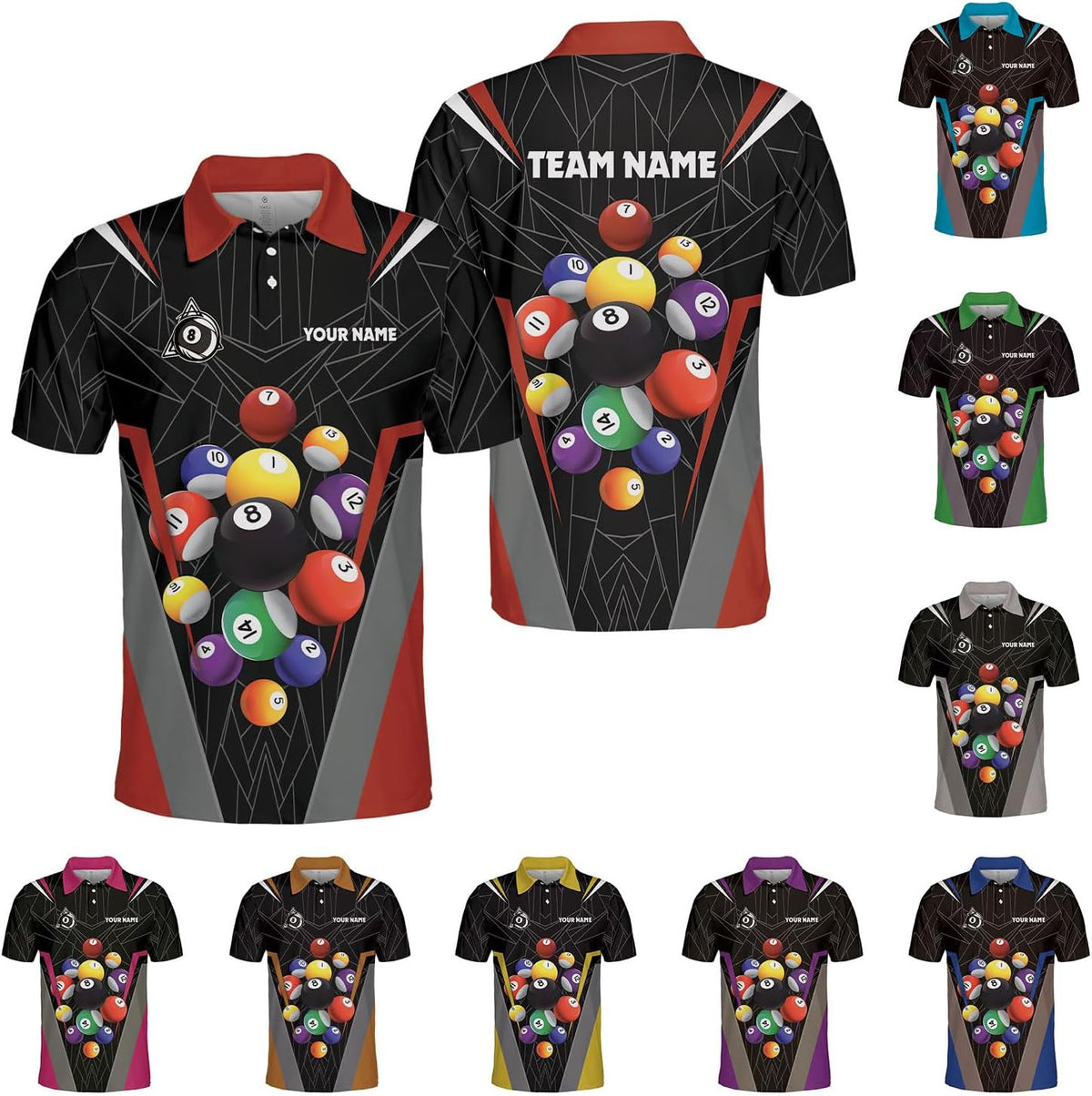 AOVL Personalized Name Billiard Polo Shirt Billiard Shirts Custom Billiard Flag Polo Shirt Men's Pool Billiard Gifts for Dad