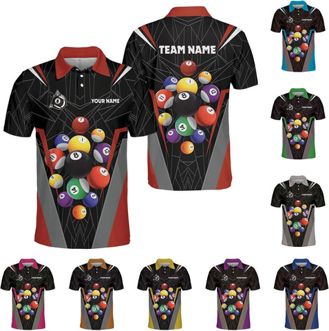 AOVL Personalized Name Billiard Polo Shirt Billiard Shirts Custom Billiard Flag Polo Shirt Men's Pool Billiard Gifts for Dad