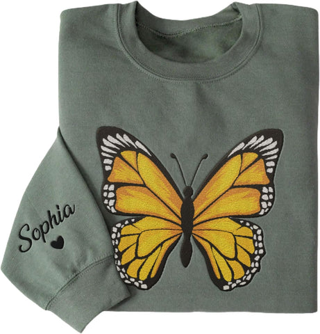 Podagree Personalized Butterfly Embroidered Sweatshirt, Custom Pink Butterfly Hoodie Name FLower Graphic