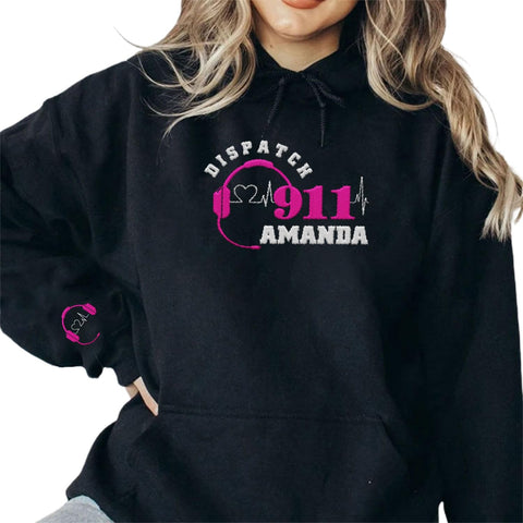Custom Dispatcher Embroidered Sweatshirt with Thin Gold Line Flag 911 Emergency Services Personalized Shirt for Men and Women