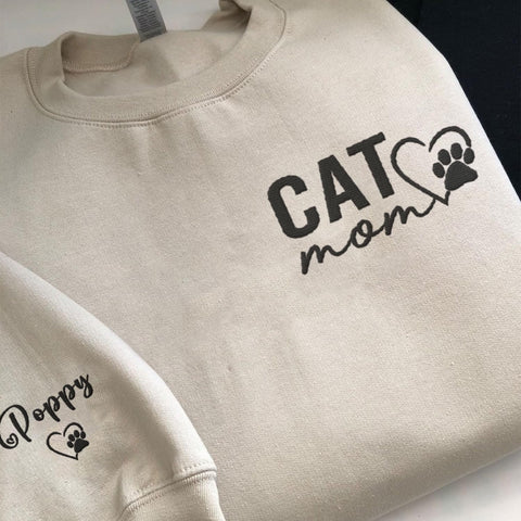 Custom Cat Mom Embroidered Sweatshirt, Personalized Cat Mom Crewneck Sweatshirt for Women, Cat Mama Shirt Gifts (Cotton, SS217)