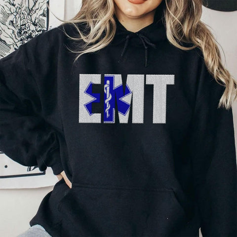 Suseaz EMT Personalized Embroidered Sweatshirt Emergency Medical Technician 911 Hoodie EMS Heart Thin White Line