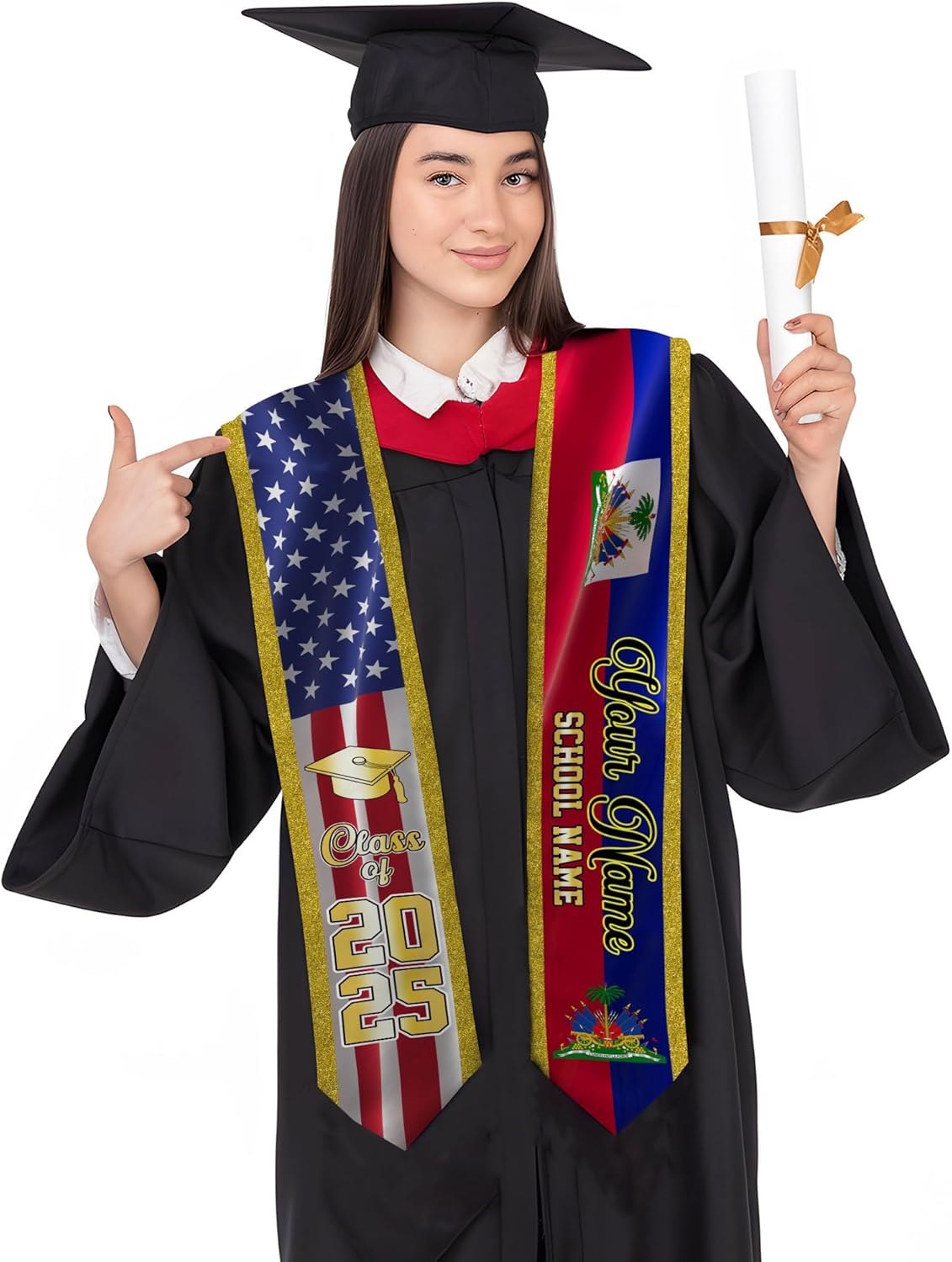 Pretyprints Haitians Graduation Sash, Haiti Graduation Stole Custom, Personalized Haitians American Flag Graduation Sash 2025
