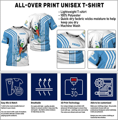 Mostprints Personalized Guatemala Shirt 3D Guatemala Camisas Guatemala Flag Shirts, Guatemalan Pride T-Shirt for Men Women