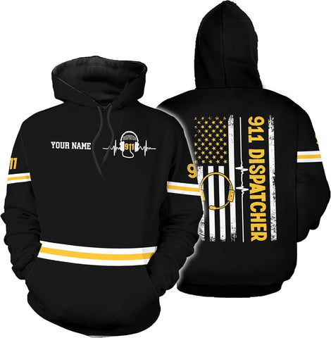 Leeprints Personalized 911 Dispatcher 3D Shirt, Custom Dispatcher 3D T-shirt, Thin Gold Line Flag 3D Shirts, Dispatcher