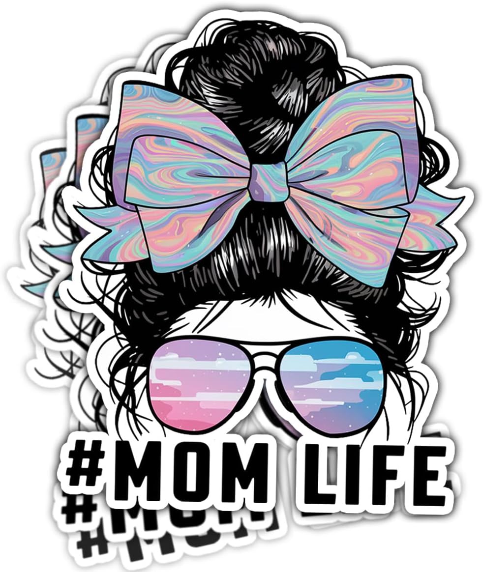 (3pcs) Mom Life Skull Sticker \u2013 Funny Mom Life Car Decal with Messy Bun and Sunglasses, Mama Vinyl Sticker for Laptop, Water Bottle, Car, Phone, Helmet \u2013 Cool Mother Accessories 3 Inch
