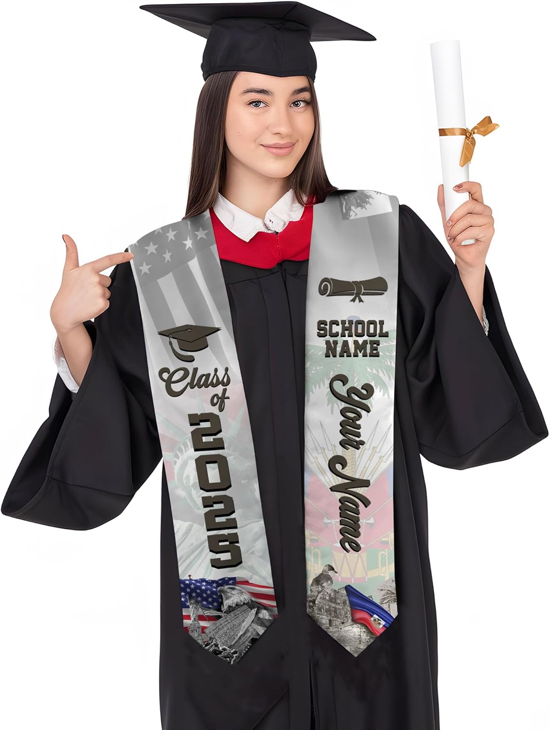 Pretyprints Haitians Graduation Sash, Haiti Graduation Stole Custom, Personalized Haitians American Flag Graduation Sash 2025