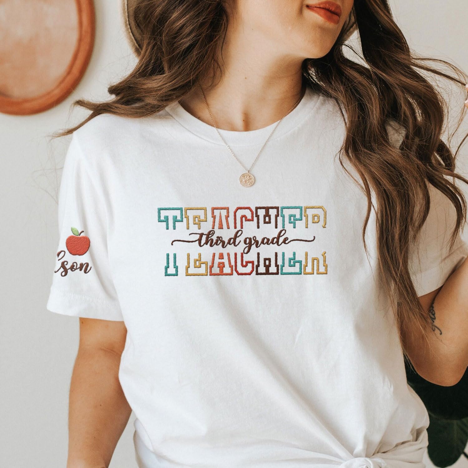 Custom Third Grade Embroidered Teacher T-Shirt Personalized Back to School Tee Teach Love Inspire Rainbow 3rd Grade Shirt