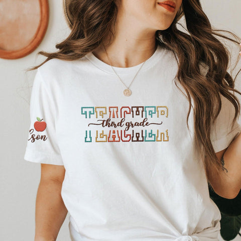 Custom Third Grade Embroidered Teacher T-Shirt Personalized Back to School Tee Teach Love Inspire Rainbow 3rd Grade Shirt
