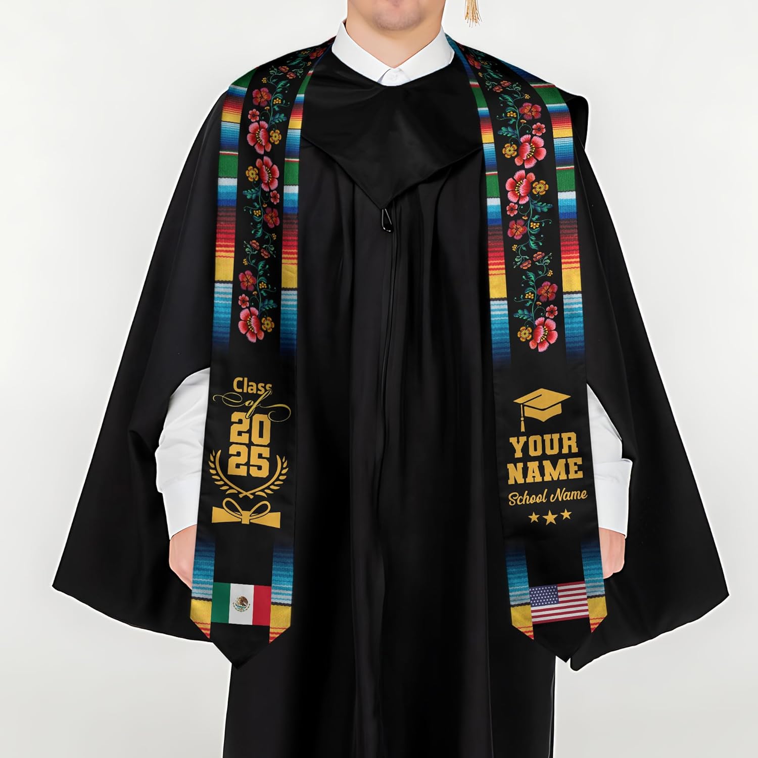 Custom Mexican Graduation Sash, Mexico Graduation Stole Customize Photo, Mexican American Flag Graduation Sash 2025
