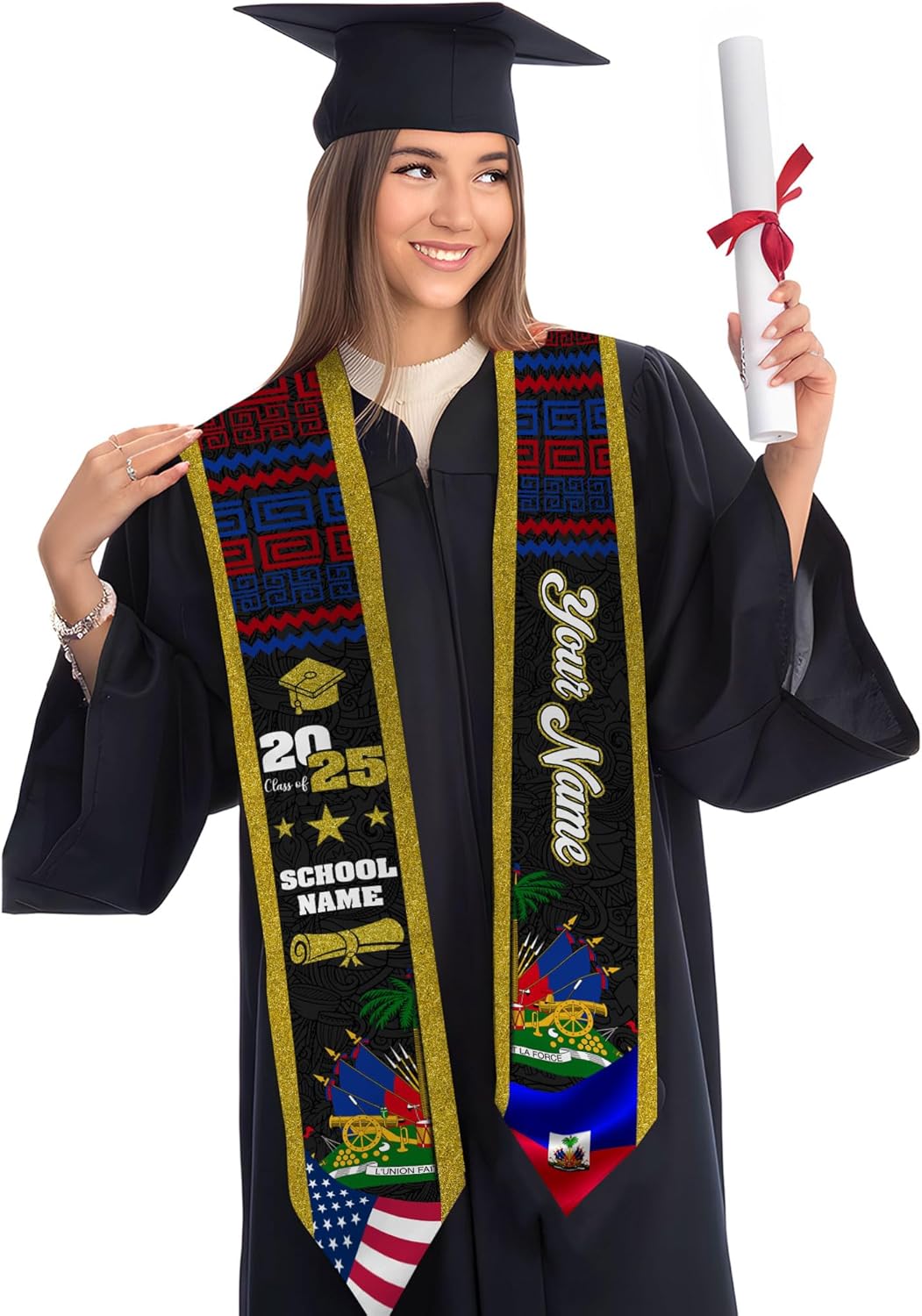 Pretyprints Haitians Graduation Sash, Haiti Graduation Stole Custom, Personalized Haitians American Flag Graduation Sash 2025