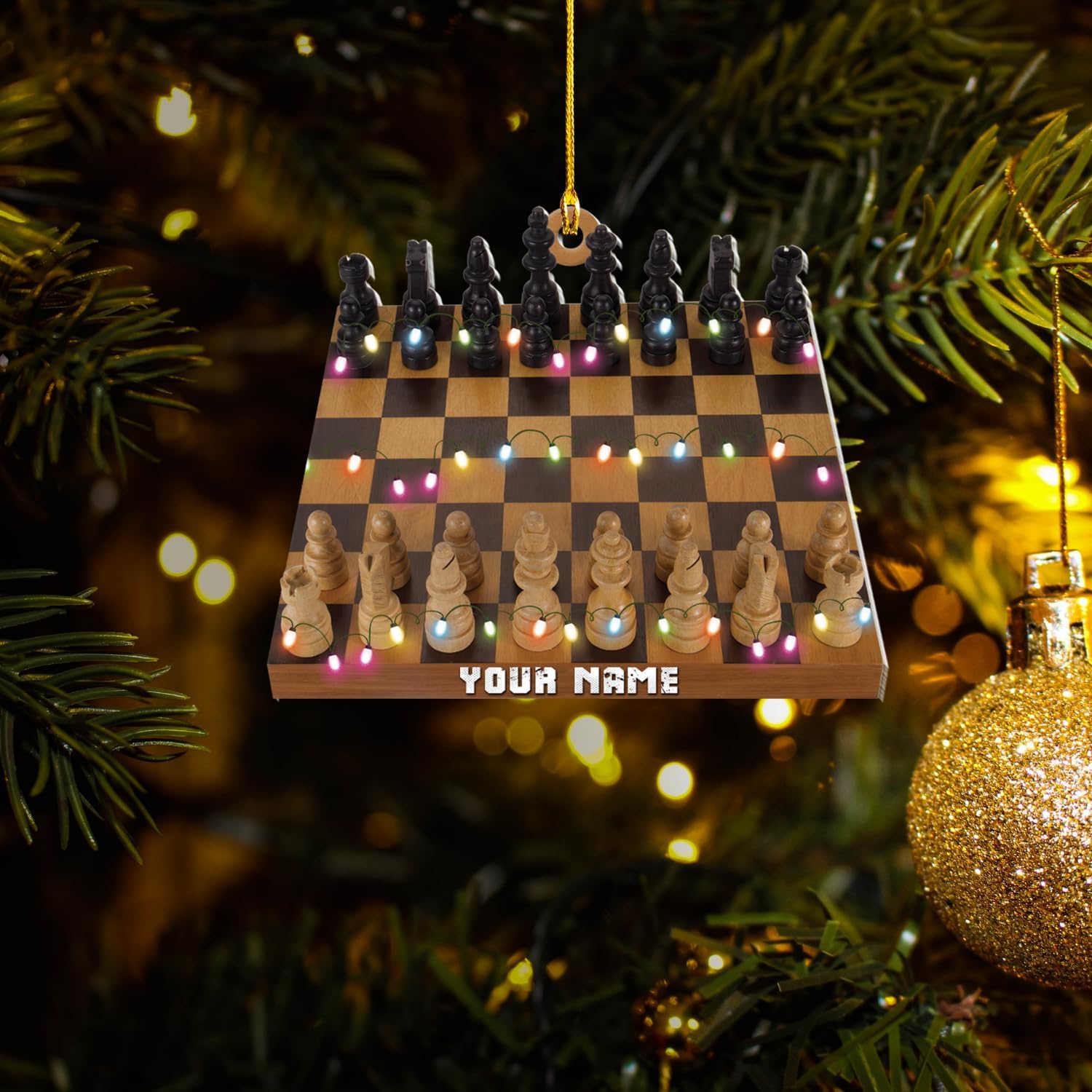 Personalized Chess Ornament - Custom Name Chess Board Ornament, King and Queen Chess Ornament, for Chess Fan, Ornament for Chess Player, Check Mate, Chess Board Ornament (Style 8)